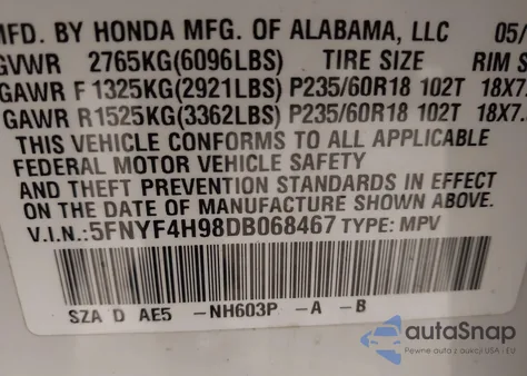 2013 Honda Pilot Touring from USA, damaged, VIN 5FNYF4H98DB068467
